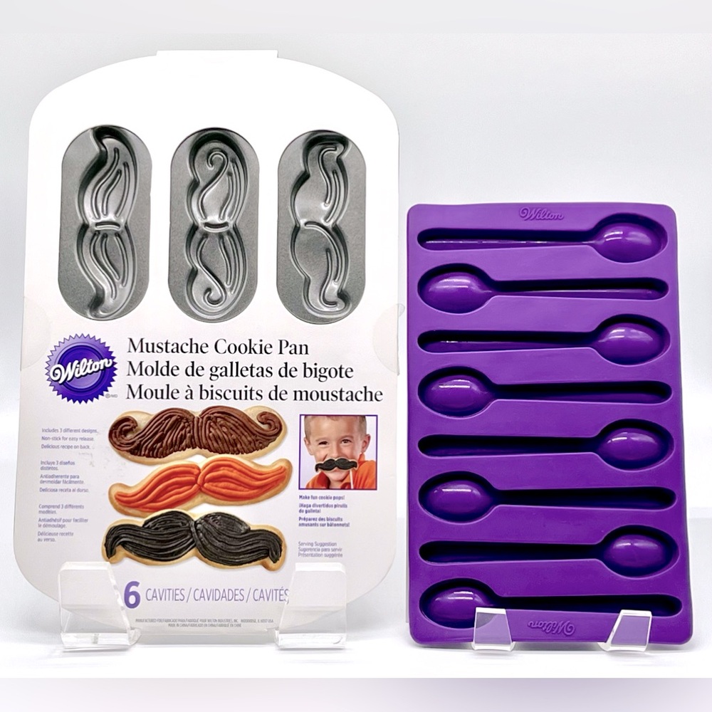 NWT Wilton Mustache Cookie Pan + NWOT Wilton Silicone Candy Spoon Mold